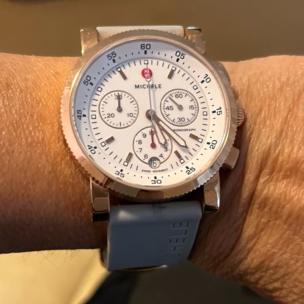 Michele Watch Rose Gold White Faced Grey Rubber Band